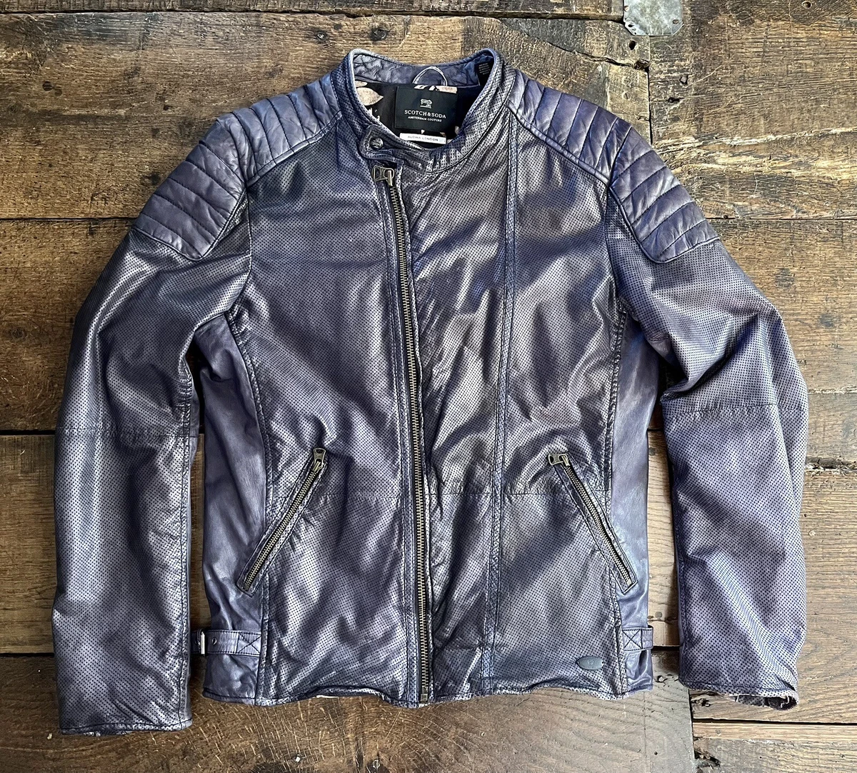 Scotch And Soda Amazing Navy Blue 2 Tone Leather Biker Jacket