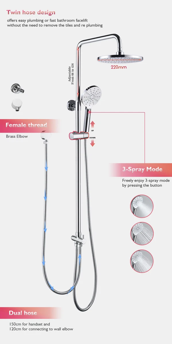 Decaura 9" Rain Shower Head Sliding Rail Set Dual Hose Twin Shower Brass WELS