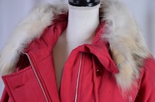 Joseph London Women's Hooded Jacket Sz 38 Silk Red Fur Trim France Insulated