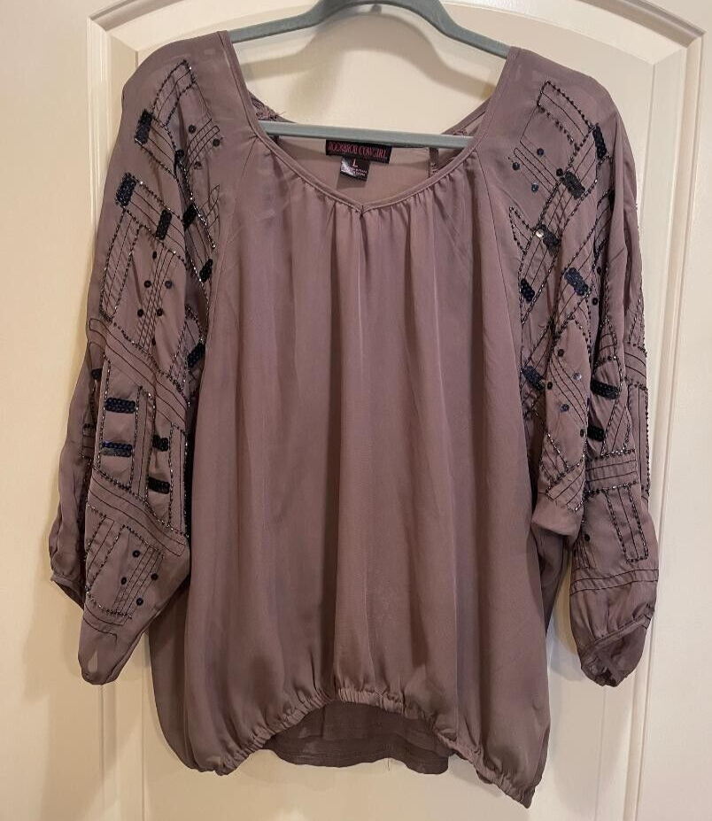 Rock & Roll Cowgirl 2 piece Taupe Sheer sequin/beaded blouse over cami SZ L