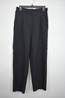 Black women's straight-leg pants with front button closure, belt loops, and side pockets, hanging on black plastic hanger.