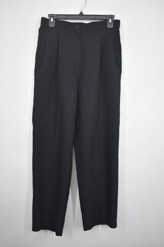 Black women's straight-leg pants with front button closure, belt loops, and side pockets, hanging on black plastic hanger.