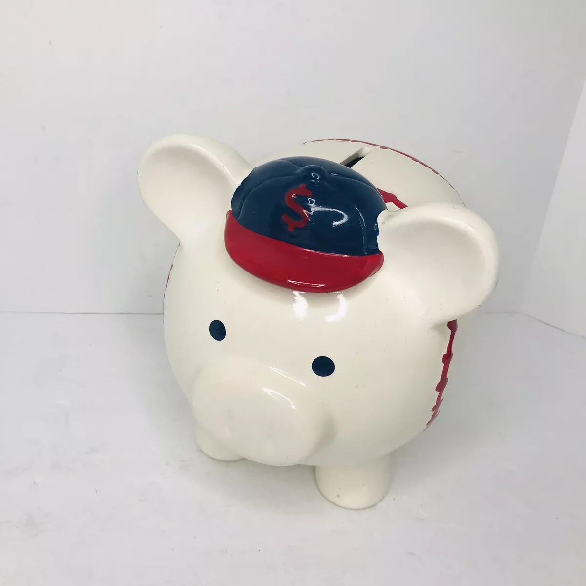 Ceramic Baseball Pig Piggy Bank With Blue Red Hat Kids Saving Bank