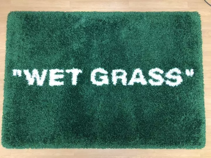 off white ikea rug wet grass