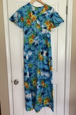 VTG Royal Hawaiian Dress New Blue Palm Trees Hibiscus Mid Calf Sz 10 Runs Small