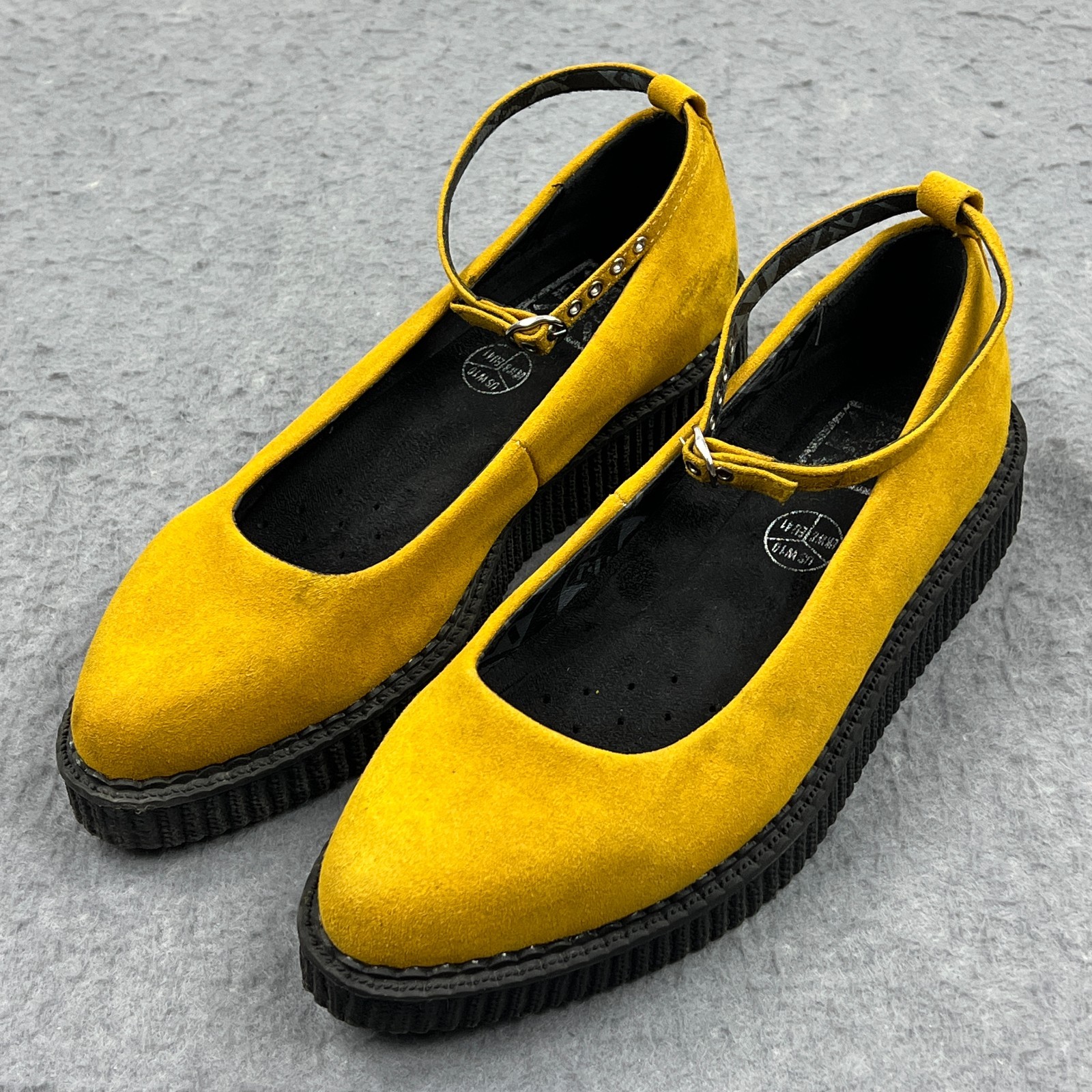 T.U.K. Footwear Women's 10 Yellow Suede Pointed Ballet Ankle Strap Creeper Shoes