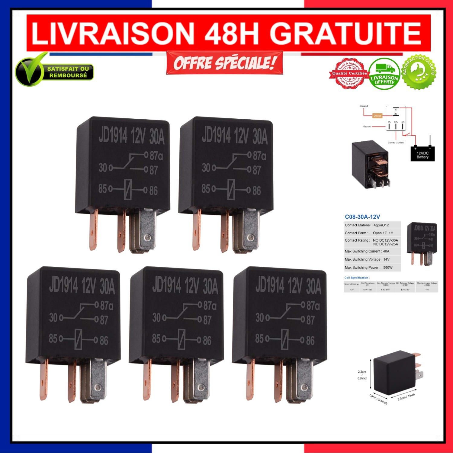 Relais automobile Ehdis 12V 30A boîtier haute résistance thermique pack de 5