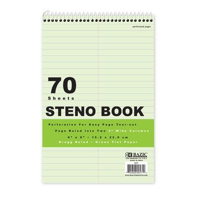 BAZIC PRODUCTS Green Tint Gregg Ruled Steno Book 70 sheets 15lb Functional 80