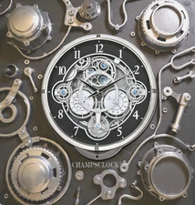 Rhythm Chronograph HD BLACK & CHROME Musical Motion Gears Wall Clock 4MH442WU08