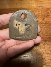 VINTAGE BRASS COW NUMBER TAG DAIRY FARM CATTLE MARKER 13 DOUBLE SIDED ORIGINAL