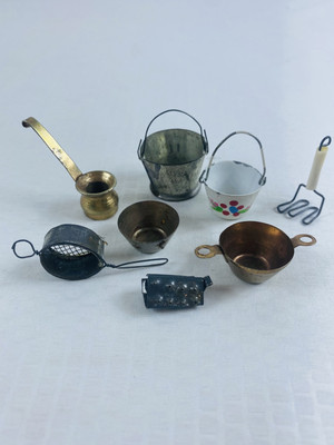 Vintage Metal Dollhouse Miniature 8 Kitchen Strainer, Grater, Masher, Buckets