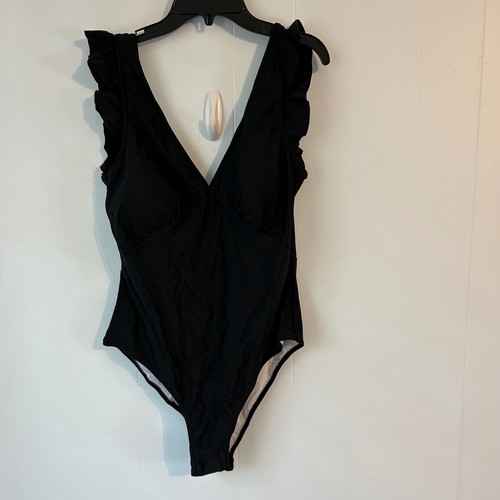 Cupshe Womens Black Ruffle V-Neck One Piece Swimsuit XL New With Tags