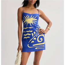 Cala De la Cruz Blue Linen Mini Slip Dress XL Celescial Vacation Designer $475