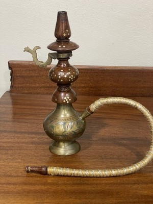 Vintage Brass and Wood Single Pipe Middle Eastern Hookah