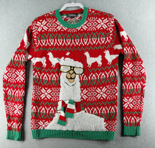33 Degrees Men's Christmas Sweater Size S Red Green Striped Llama Glasses Scarf