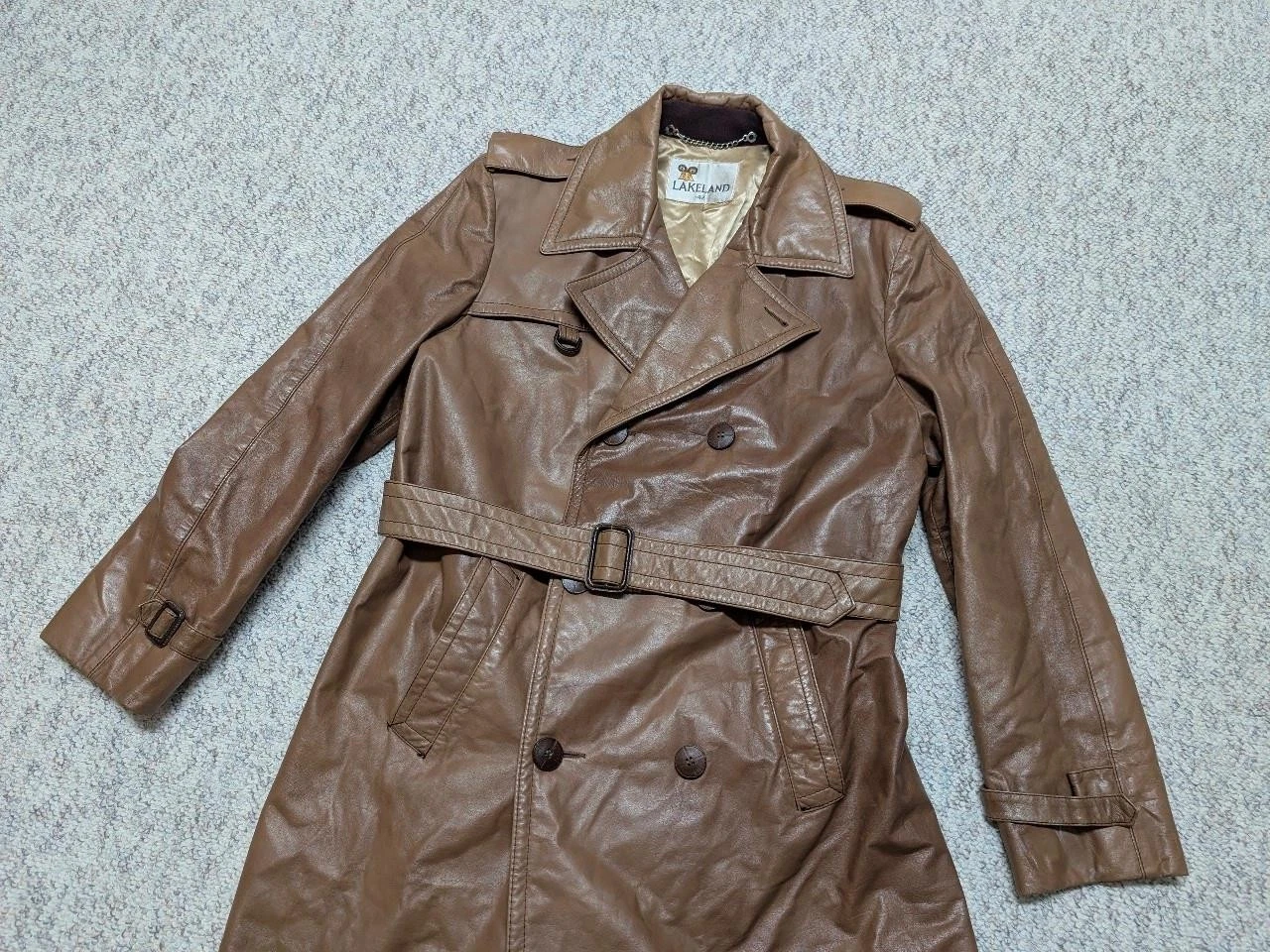 vintage USA made TRENCH COAT leather 42 sherlock BELTED double breasted M brown - product detail image 11