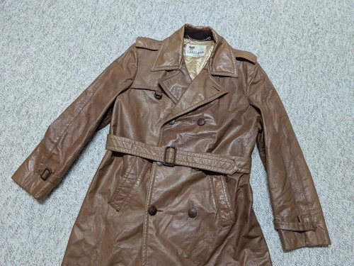 vintage USA made TRENCH COAT leather 42 sherlock BELTED double breasted M brown image 11