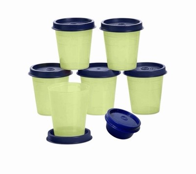 6 TUPPERWARE TUPPER MINI MIDGETS CONTAINER 2 OZ SET SHEER GREEN CUP NAVY LIDS