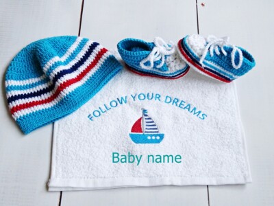 Baby name gift Set, Crocheted Baby Booties and hat, Small embroidered Towel 