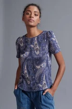Anthropologie Demeter Blue Metallic Paisley Short Sleeve Tee Shirt S