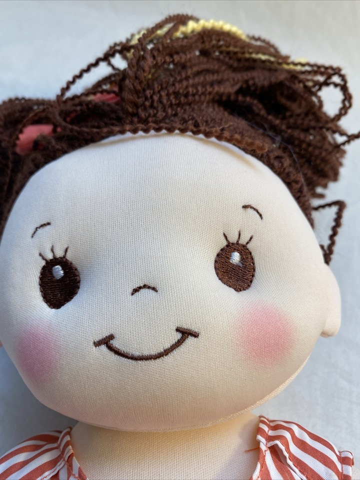 Linzy Toys Plush Doll Brown Hair Yellow Highlights Bow Coral Striped