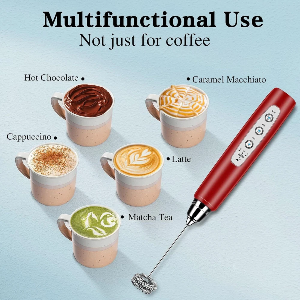 Milk Frother Handheld with Stand, Electric Whisk 3 Speed Adjustable, Red
