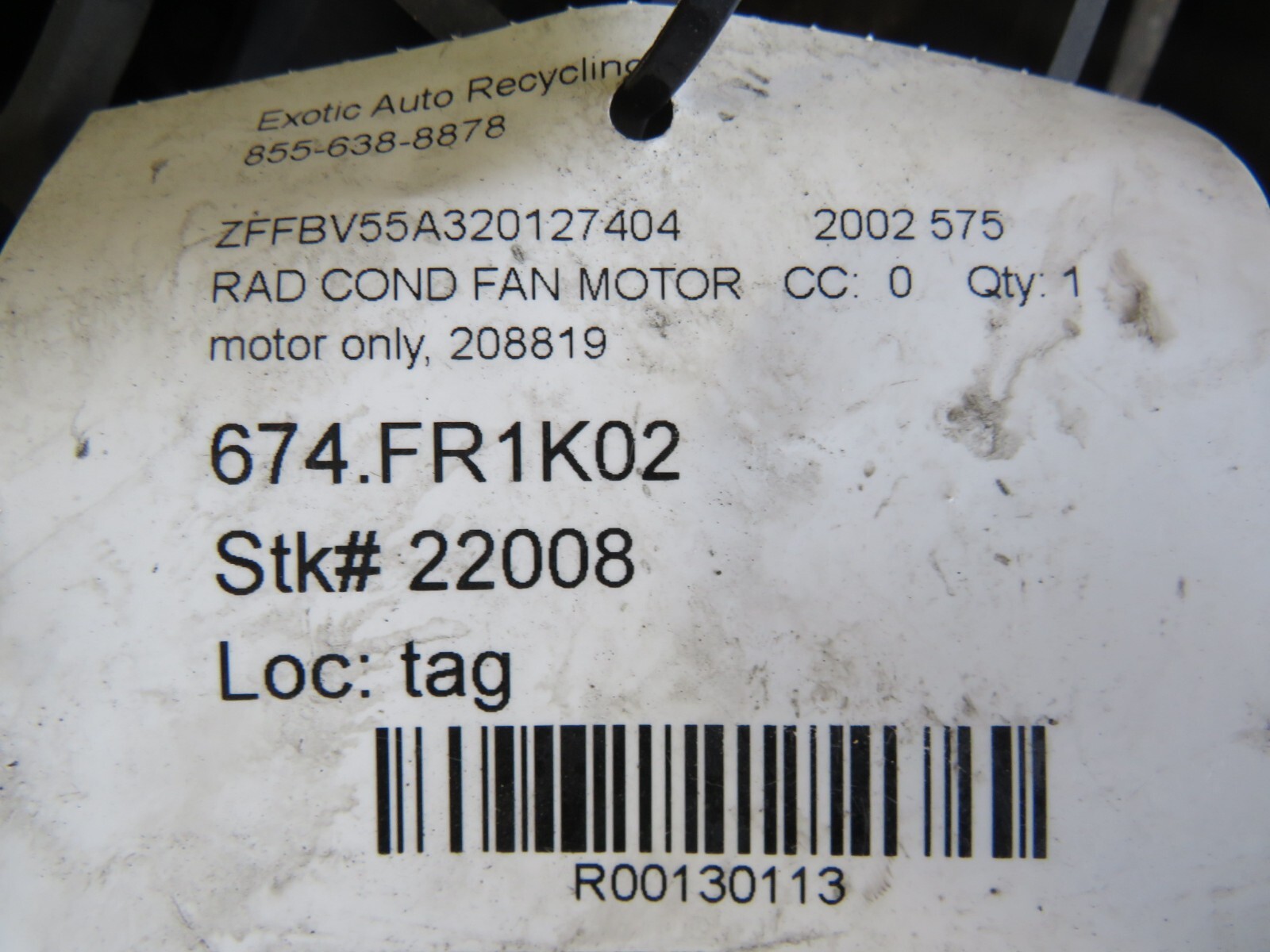 Ferrari 575, 612, Radiator Cooling Fan Motor, Used, P/N 208819