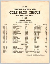 1940 Cole Bros Circus Route Card IN IL IA NE CO