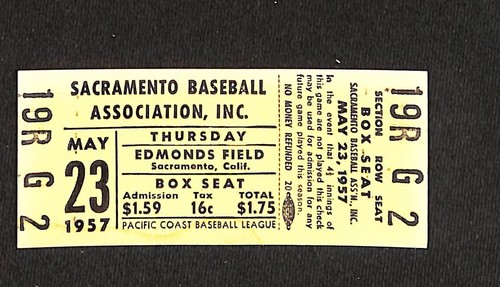 MAY 23, 1957 HOLLYWOOD STARS @ SACRAMENTO SOLONS BASEBALL FULL TICKET - Afbeelding 1 van 2