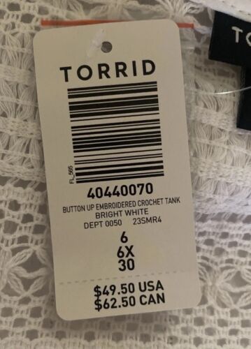 TORRID TANK TOP SLEEVELESS Cotton TOP Crochet CAMI 6 6X 6XL 30 NEW - Picture 4 of 6