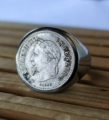 Bague Chevalière Véritable Pièce en Argent 20 Centimes Napoléon III Fait Main - Photo 1/4