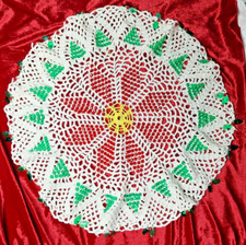 Handmade Crocheted Beaded Christmas Centerpiece Doily 16.5" Diameter