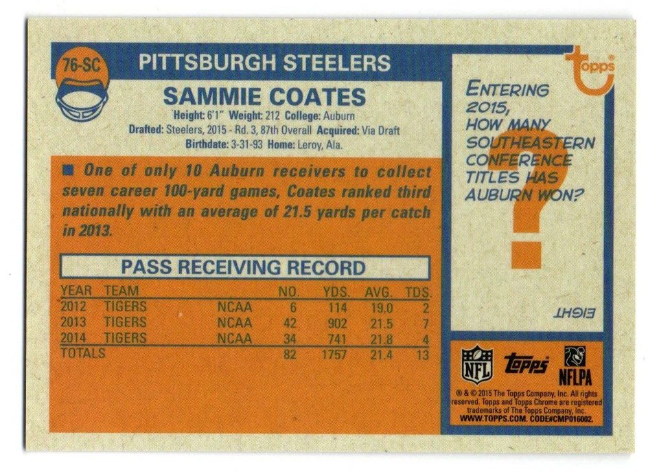 2015 Topps Chrome Sammie Coates Rookie RC 1976 Pulsar Refractor 32/50 Free Ship - Image 2 of 2