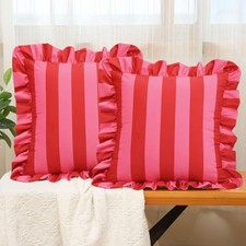 Ruffle Square Throw Pillow Covers Boho and Red 18" x 18" Pack of 2 Pink