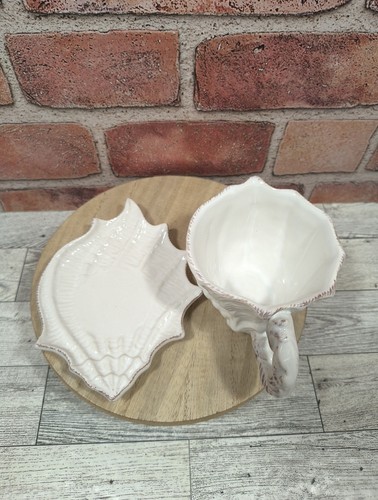 Blue Sky Clayworks Seashell Figural Teacup and Saucer Set White With Accents New - Picture 5 of 6