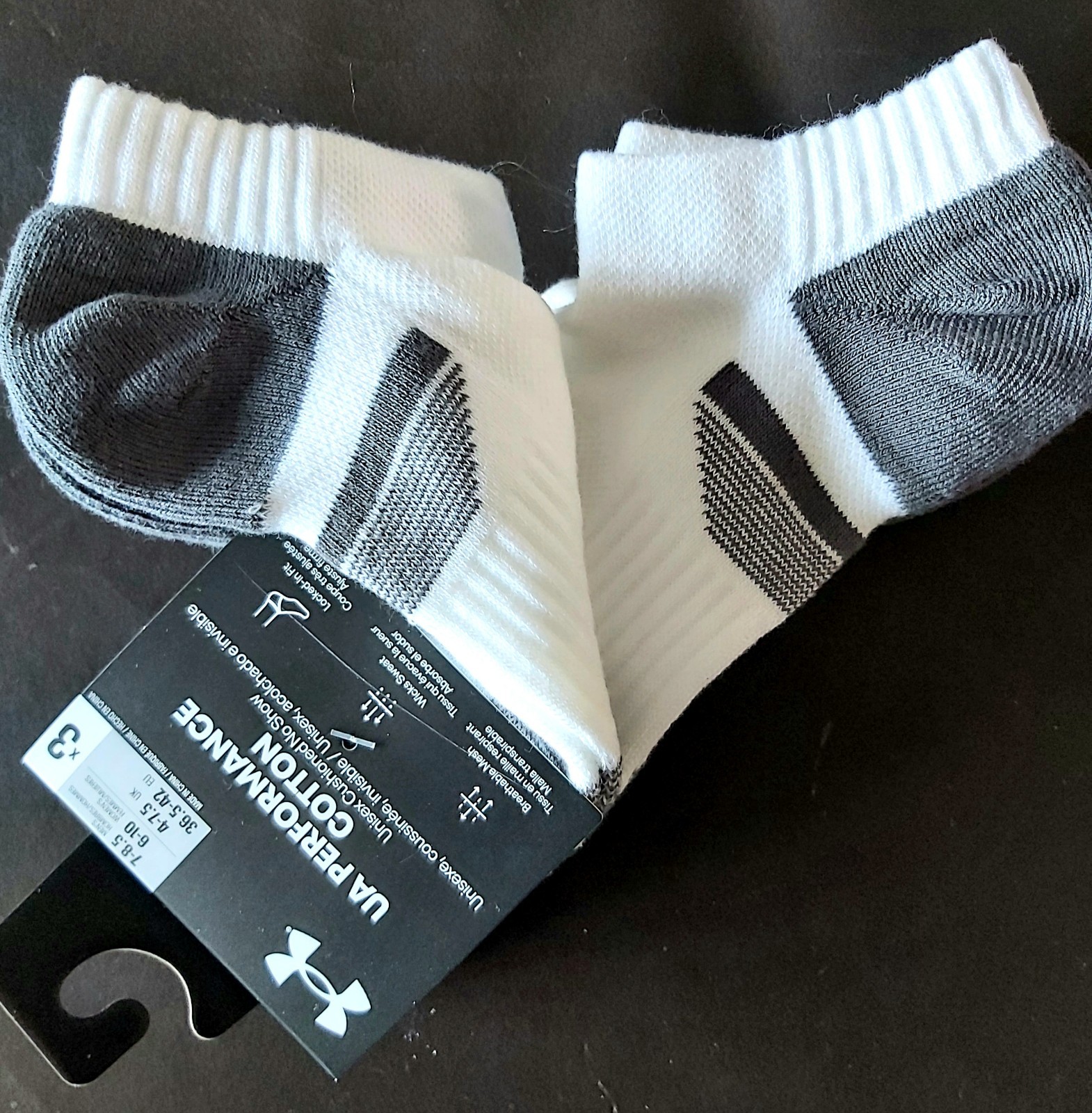 3 PAIRS :  4-7.5 UNDER ARMOUR 69% Cotton  White Cushioned NO SHOW SOCKS 36.5-42