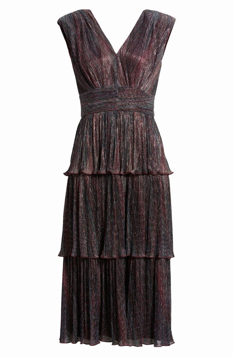 Vince Camuto Multicolor Metallic Sleeveless V-Neck Pleated Tiered Midi 4