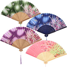 4Pcs Abanicos Tela Flores Plegables con Borlas Boda Elegante Invitados Chino