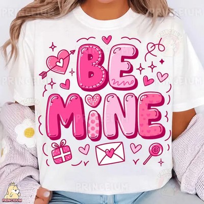  Be Mine  Valentine T-Shirt, Pink Typography Heart Graphic on Comfort Colors
