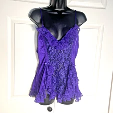 Vintage 90s Alana Gale Chemise Women Medium Purple Satin Lace Side Slits Ruffle