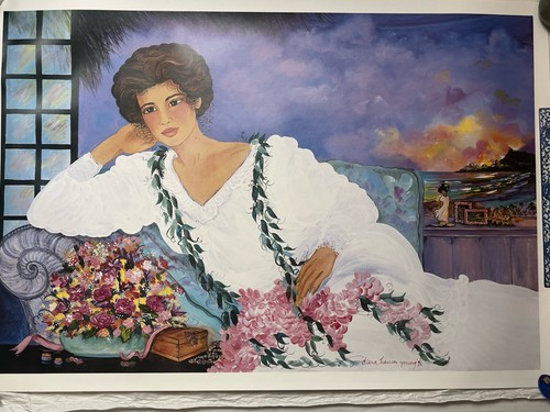 Vintage Diana Hansen Young Signed Art Print (1996) 26” x 37” Lady Seaside Scene