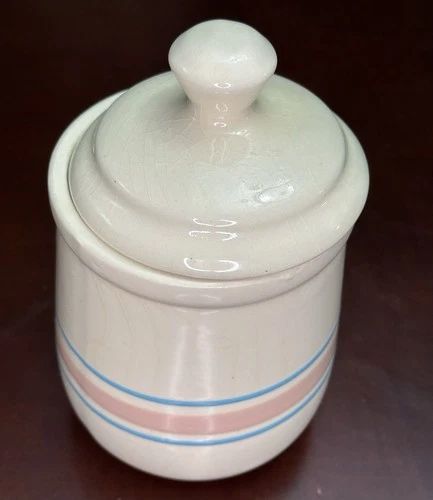 Vintage McCoy USA Pottery Blue & Pink Striped Canister #135 6"x4.25" Utensils