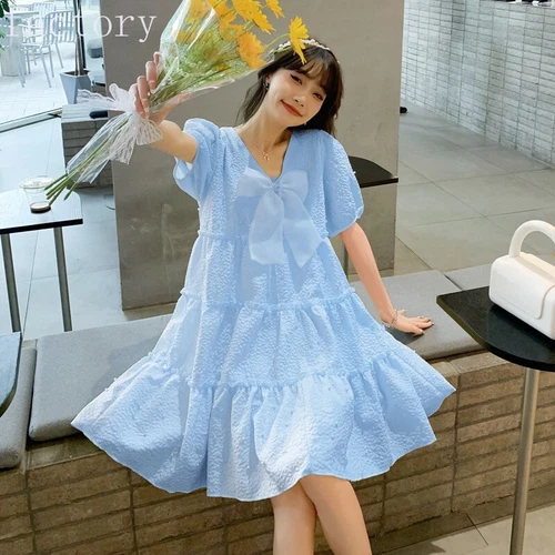 Women Babydoll Puff Sleeve Cute Dress Bow Swing Tiered Mini Ruffle Beaded - Bild 1 von 17