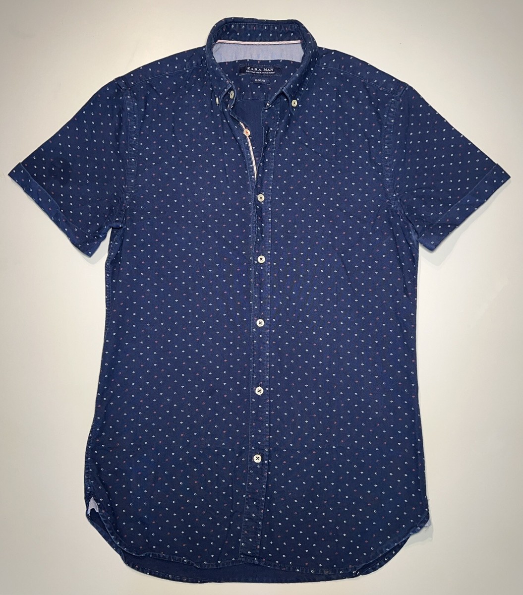 Zara Man Mens Small Navy Blue Button-Down Short Sleeve Slim Fit