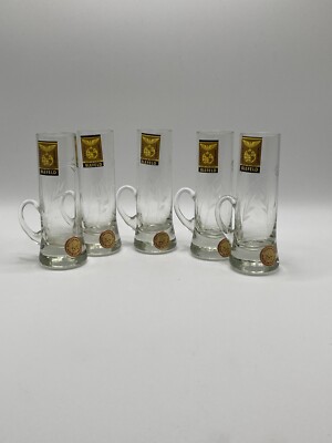 Vintage Set of 5 Pasabahce Crystal Etched Cordial Shot Glasses with handles