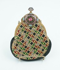 Antique Needlework Geometric Design Purse w/Enameled Jeweled Frame