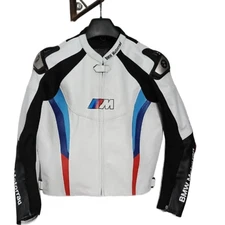 Mens BMW Motorrad M Performance Leather Jacket Racing Biker Style Armored White