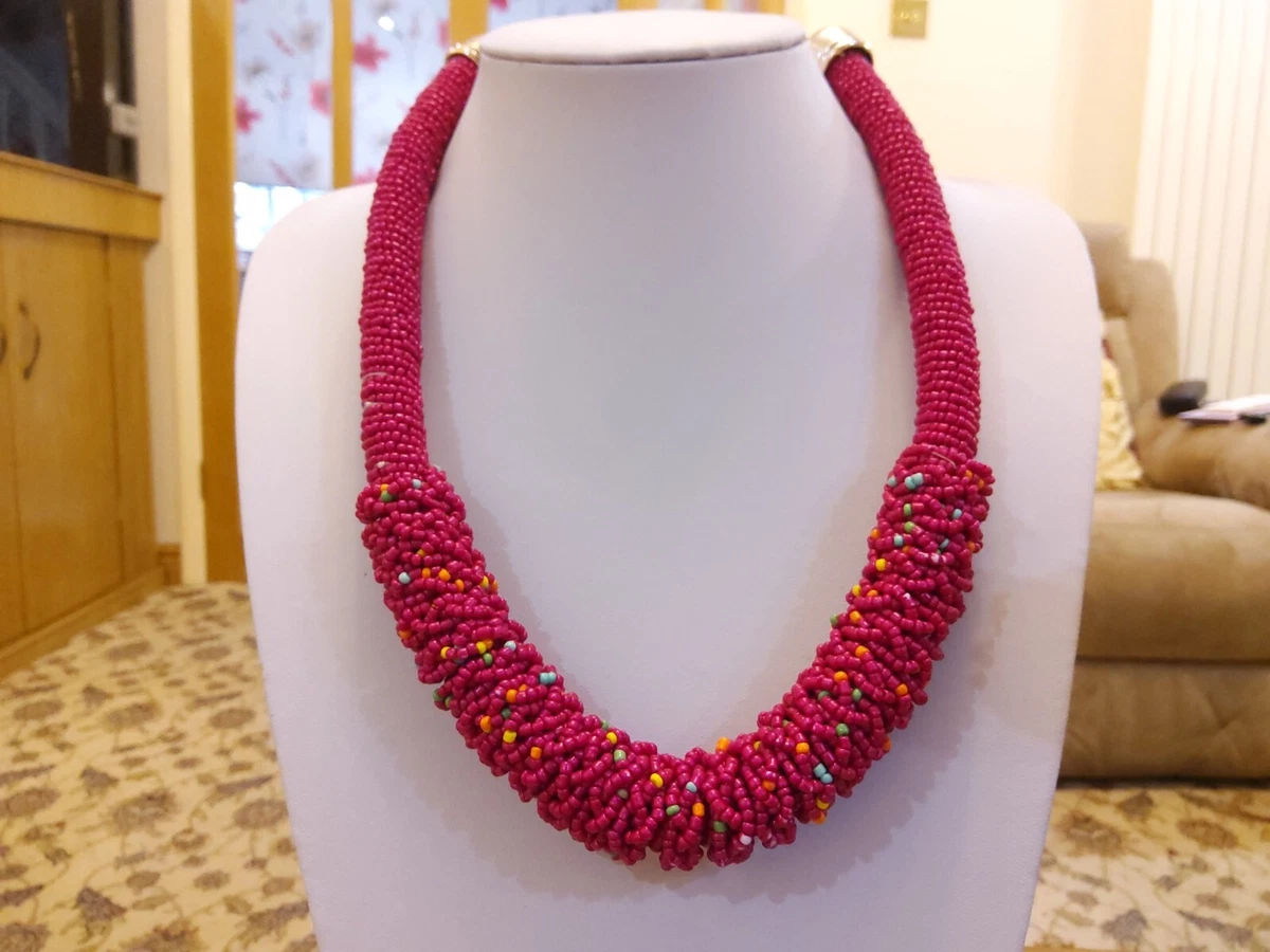 Brand new silver tone chunky pink all beaded statement necklace