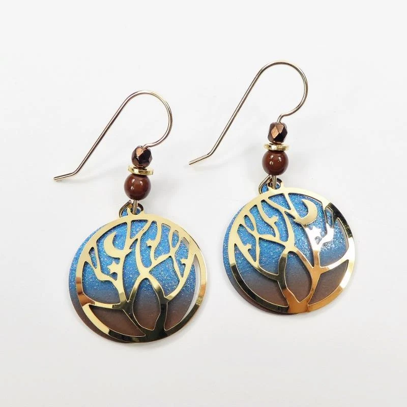 Brincos Adajio 14K GF gancho folheado a ouro brilhante árvore sobre disco azul céu noturno - Imagem 3 de 4