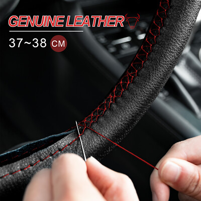 DE Auto Lenkradbezug Lenkrad Schoner Schwarz Echt Leder 37-38cm Zum Schnüren